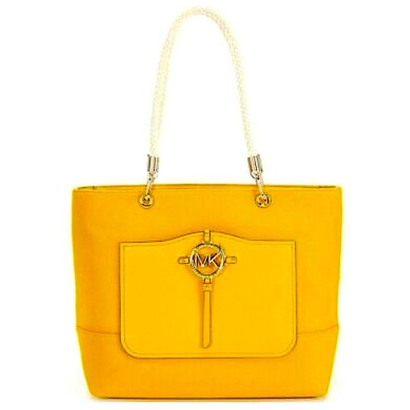 Michael Kors Amy Large Rope Canvas Shopping Travel Tote Bag Sun Yellow - Picture 2 of 5